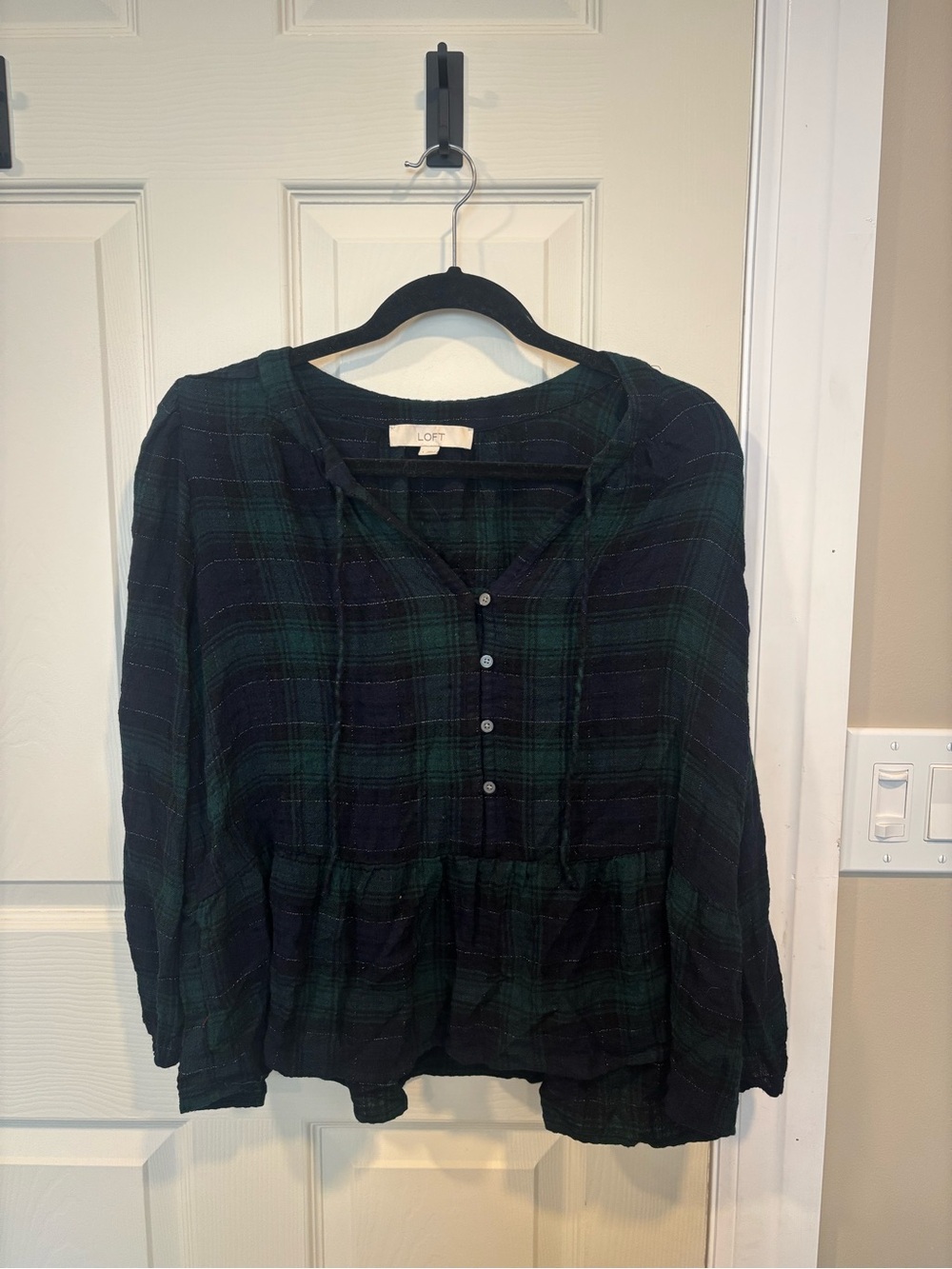 LOFT Navy and Green Plaid Button-Front Peplum Blouse